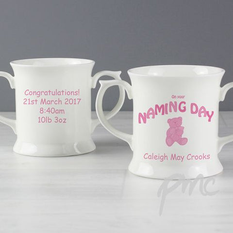 Personalised Teddy Pink Naming Day Loving Mug