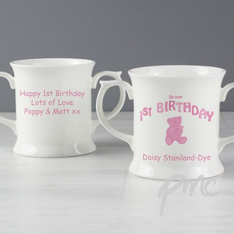 Personalised Teddy Pink 1st Birthday Loving Mug