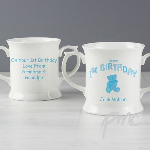 Personalised Teddy Blue 1st Birthday Loving Mug