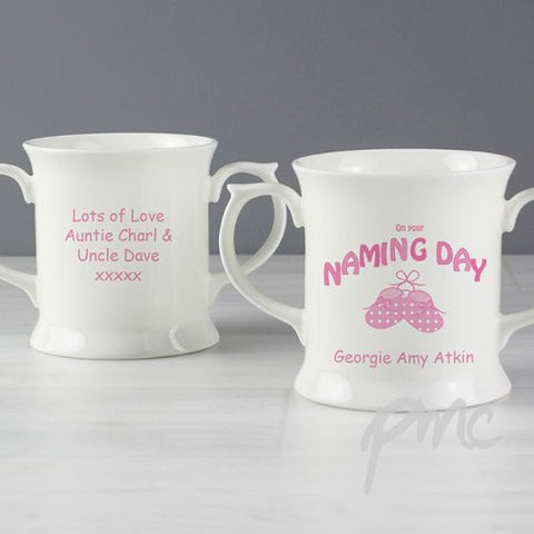 Personalised Bootee Pink Naming Day Loving Mug