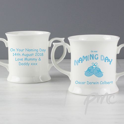 Personalised Bootee Blue Naming Day Loving Mug