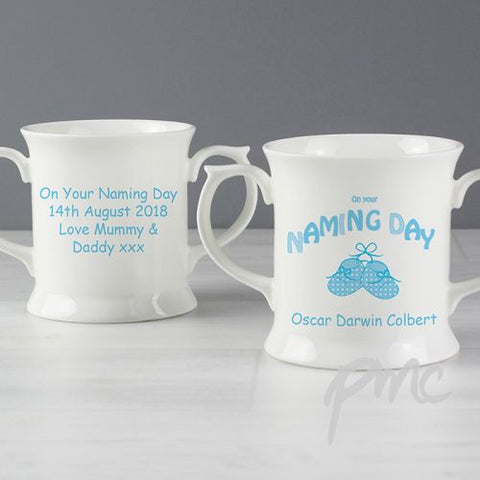 Personalised Bootee Blue Naming Day Loving Mug