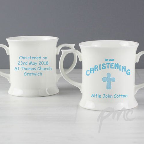 Personalised Cross Blue Christening Loving Mug