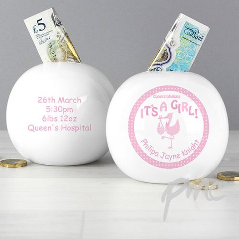 Personalised Stork Its a Girl Money Box