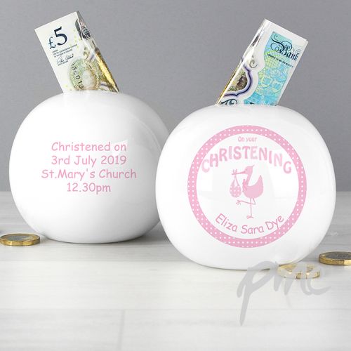 Personalised Stork Pink Christening Money Box