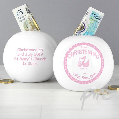 Personalised Stork Pink Christening Money Box