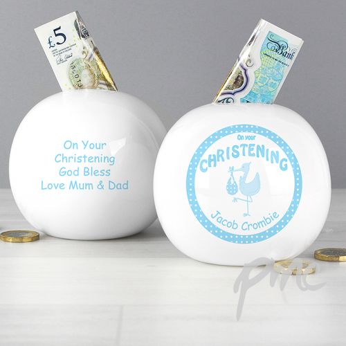 Personalised Stork Blue Christening Money Box