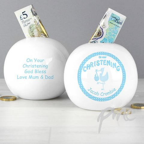 Personalised Stork Blue Christening Money Box