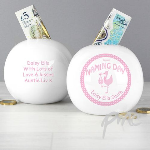 Personalised Stork Pink Naming Money Box