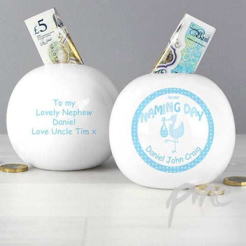 Personalised Stork Blue Naming Money Box