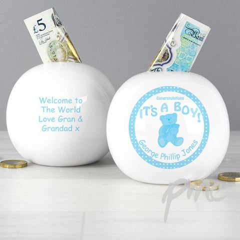 Personalised Teddy Money Box Blue Its a Boy