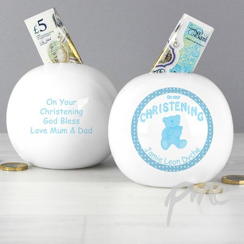 Personalised Teddy Blue Christening Money Box