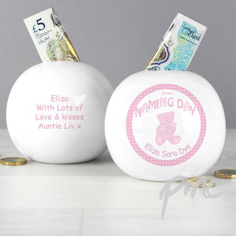 Personalised Teddy Pink Naming Money Box