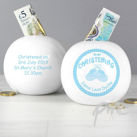 Personalised Bootee Blue Christening Money Box