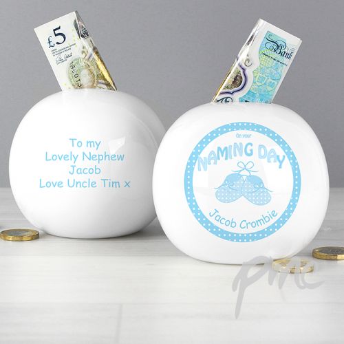 Personalised Bootee Blue Naming Day Money Box