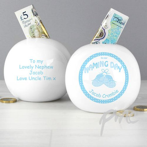 Personalised Bootee Blue Naming Day Money Box