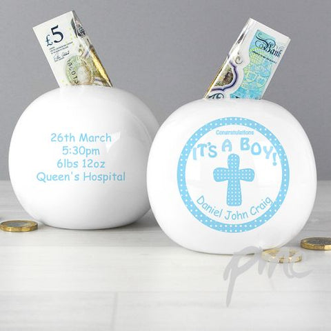 Personalised Cross Its a Boy  Money Box