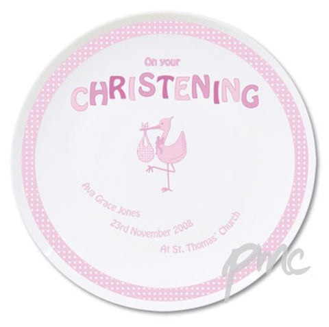 Personalised Stork Pink Christening Plate