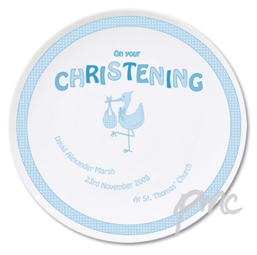 Personalised Stork Blue Christening Plate