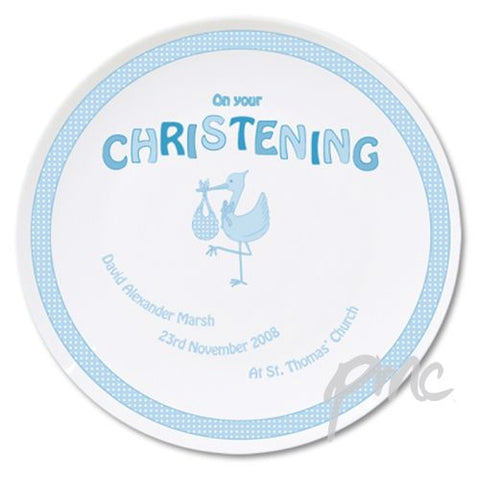 Personalised Stork Blue Christening Plate