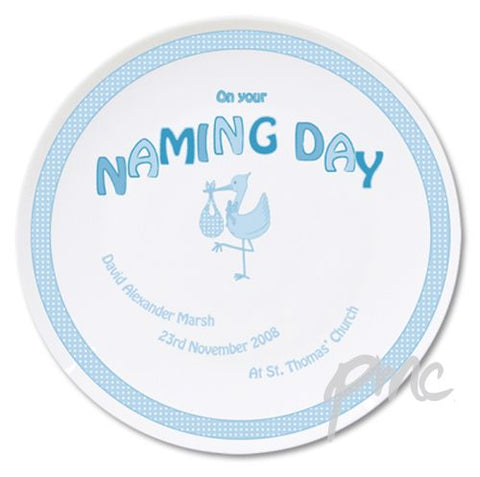 Personalised Stork Blue Naming Day Plate