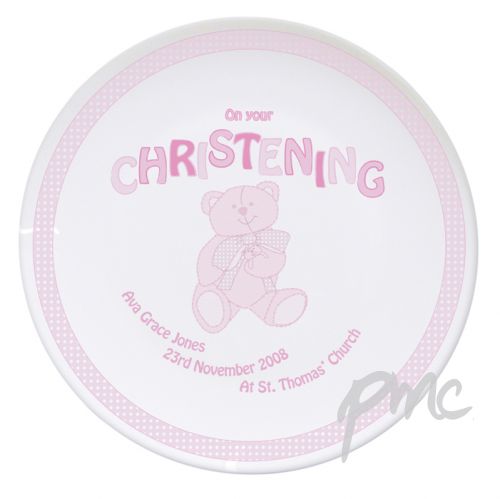 Personalised Teddy Pink Christening Plate