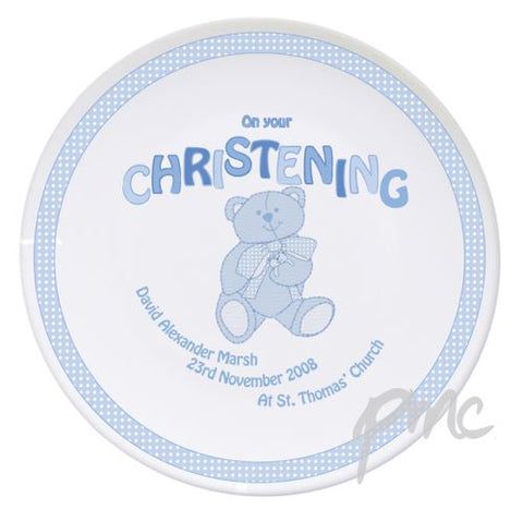 Personalised Teddy Blue Christening Plate