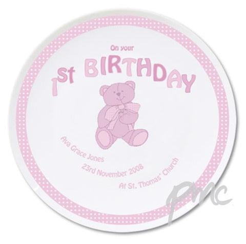 Personalised Teddy Pink 1st Birthday Plate