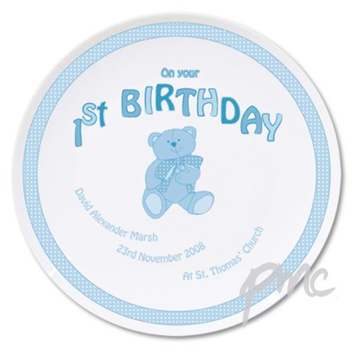 Personalised Teddy Blue 1st Birthday Plate