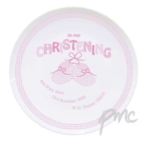 Personalised Bootee Pink Christening Plate