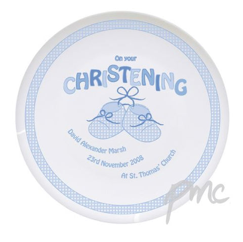 Personalised Bootee Blue Christening Plate