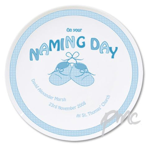 Personalised Bootee Blue Naming Day Plate