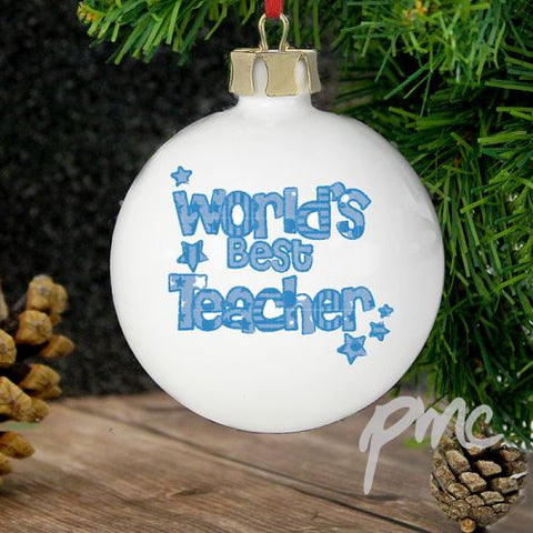 Personalised Blue Worlds Best Teacher Bauble