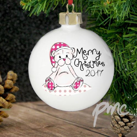 Personalised Cute Teddy Merry Xmas Bauble