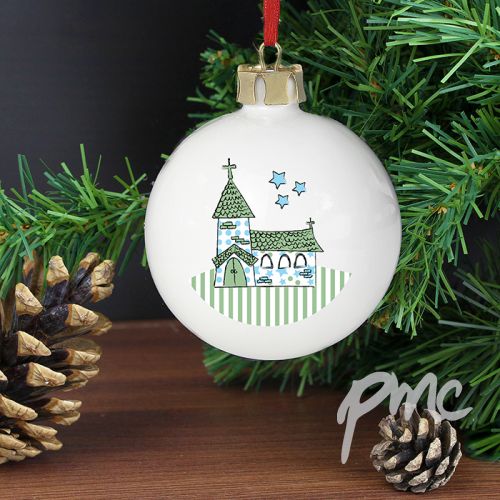 Personalised Whimsical Church Blue Bauble