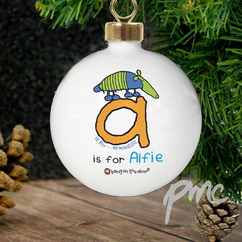 Personalised Bang On The Door Animal Alphabet Boys Bauble
