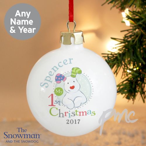 Personalised The Snowman and the Snowdog My 1st Christmas Blue Bauble