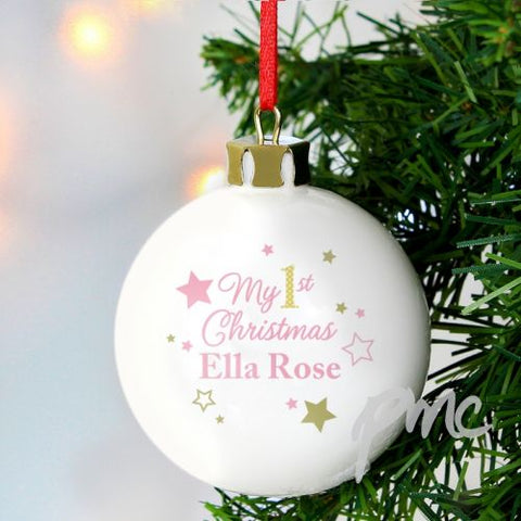 Personalised Gold & Pink Stars My 1st Christmas Bauble
