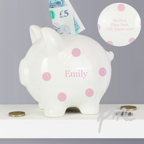 Personalised Pink Polka Dot Piggy Bank