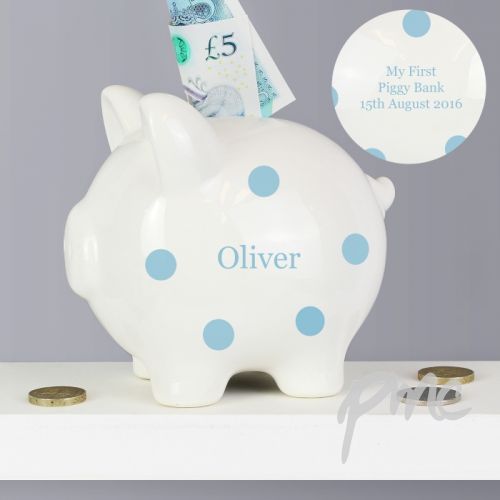 Personalised Blue Polka Dot Piggy Bank