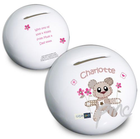 Personalised Cotton Zoo Tweed the Bear Girl Money Box