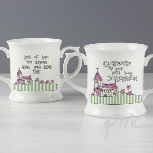Personalised Whimsical Church Pink 1st Holy Communion Loving Mug