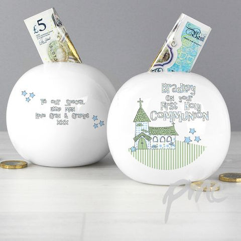 Personalised Whimsical Church Blue 1st Holy Communion Money Box