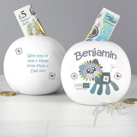 Personalised Cotton Zoo Denim the Lion Money Box