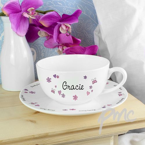 Personalised Flowers and Butterflies Teacup & Saucer