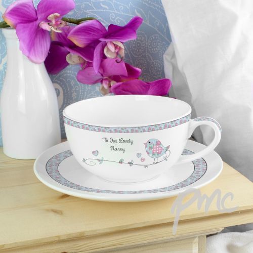 Personalised Floral Birds Teacup & Saucer