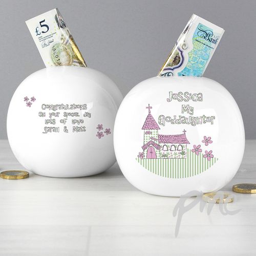Personalised Whimsical Church Goddaughter Money Box