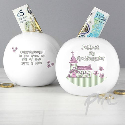 Personalised Whimsical Church Goddaughter Money Box