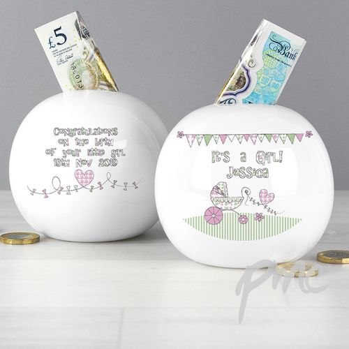 Personalised Whimsical Pram Its a Girl Money Box