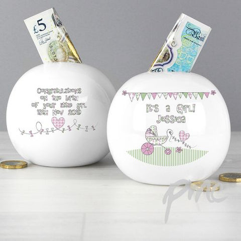 Personalised Whimsical Pram Its a Girl Money Box